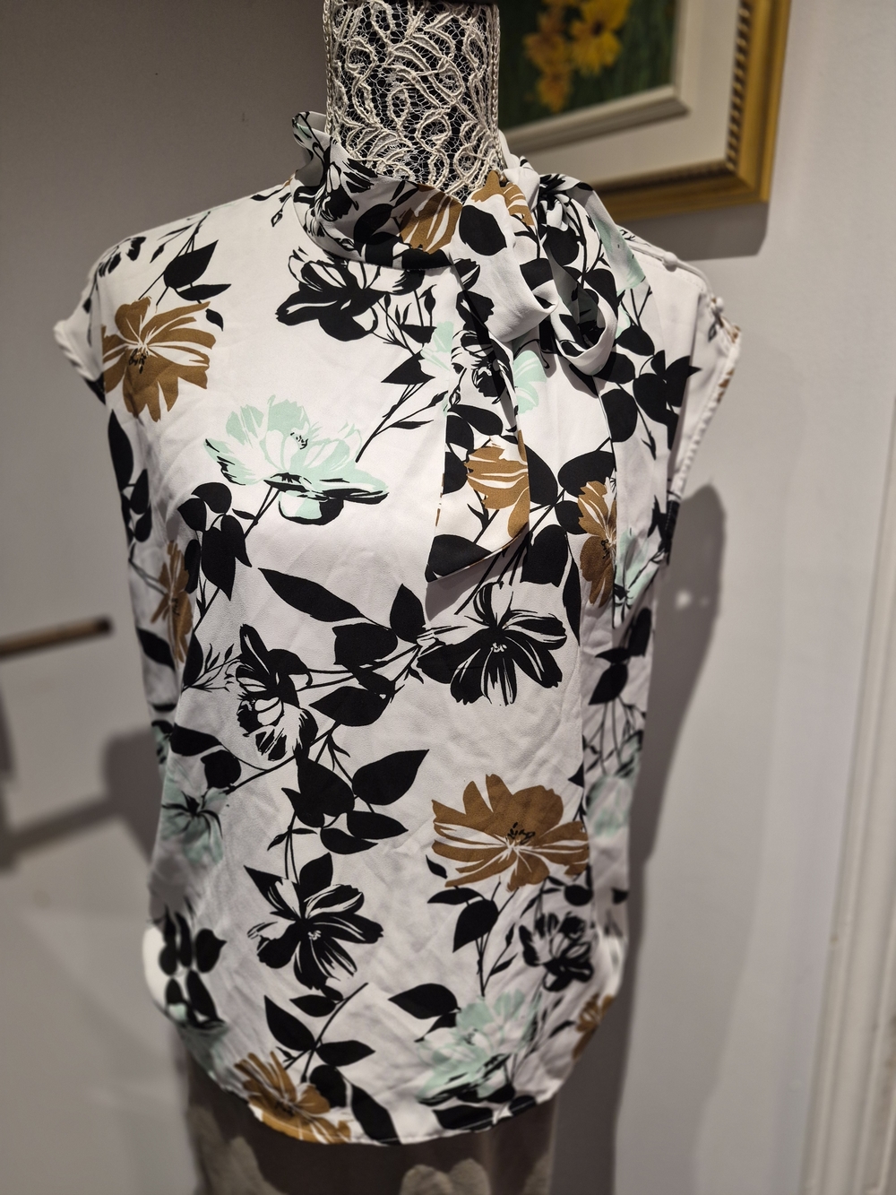 Floral Tie-Neck Cap Sleeve Top - White with Black, Mint & Brown Floral